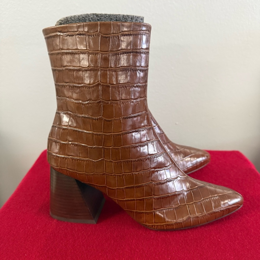 Brown Croc-Embossed Ankle Boots